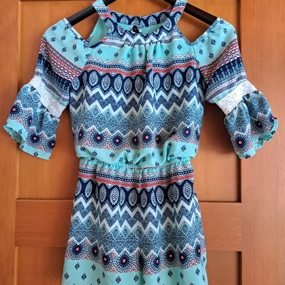 My Michelle Girls Aqua Blue and Navy Printed Cold-Shoulder Casual Shorts/Dress